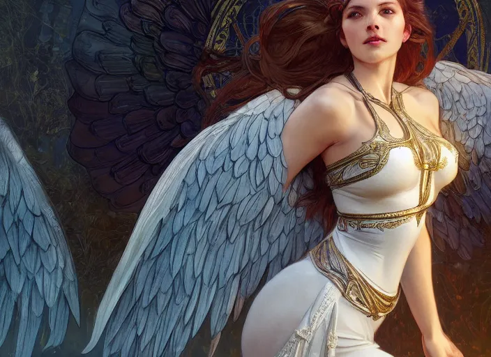 Prompt: beautiful angel, full body, d & d, fantasy, intricate, elegant, highly detailed, digital painting, artstation, concept art, smooth, sharp focus, illustration, art by artgerm and greg rutkowski and alphonse mucha