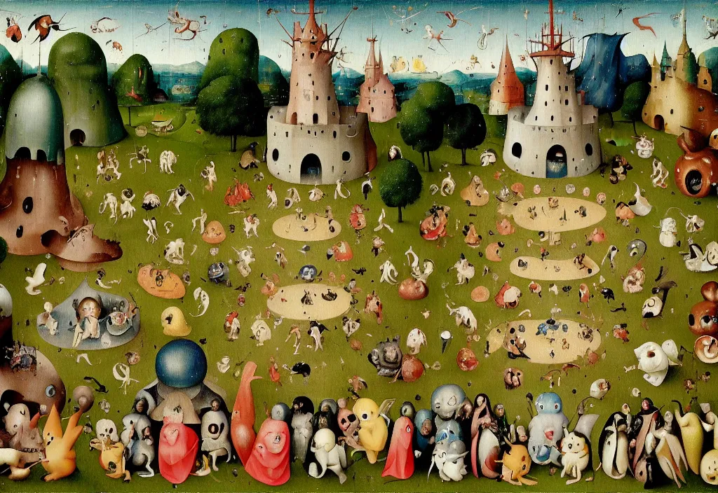 Prompt: hieronymus bosch painting of the garden of pokemon delights