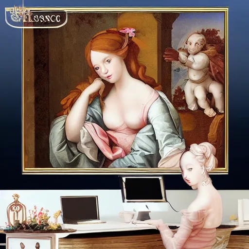 Image similar to renaissance oil painting, rococo, manga skinny female artist gestural painting brush freely giant wall size computer screen and keyboard, dolls