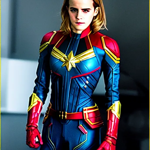 Prompt: Emma Watson modeling as Captain Marvel, (EOS 5DS R, ISO100, f/8, 1/125, 84mm, postprocessed, crisp face, facial features)