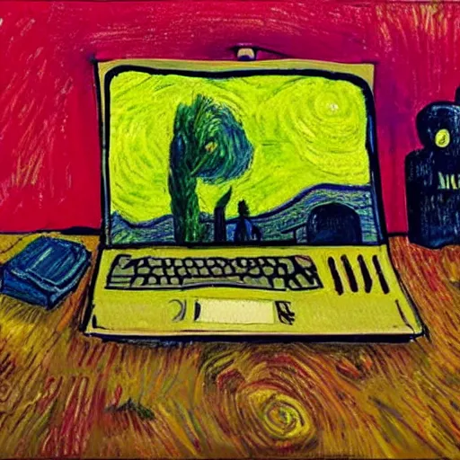 Prompt: This painting is in the style of Van Gogh, and it depicts a laptop that you can live in. The colors are bright and vibrant, and the brushstrokes are thick and textured. The overall effect is one of a lively and inviting space.