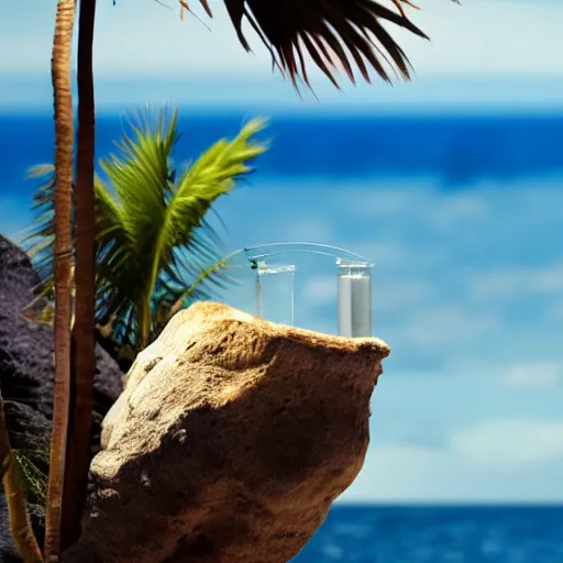 Image similar to close up still photo of an ocean in an erlenmeyer flaskw with a small island and a single palm tree and a man fishing