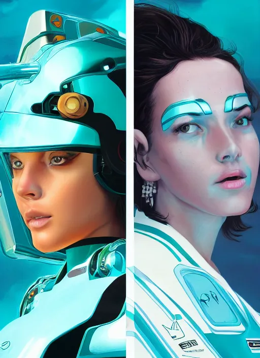 Image similar to symmetry closeup portrait of a racer girl cyborg jumpsuit in clouds cinematic light windy teal cyan by gerald brom by mikhail vr by craig mullins