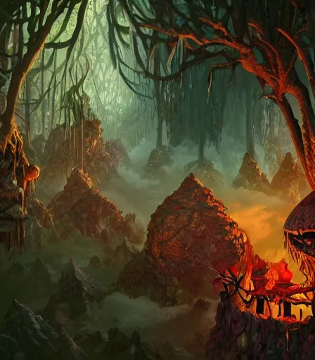 Prompt: The forest of dungeons and dragons by Alex Pardee and Nekro and Petros Afshar, and James McDermott,unstirred paint, vivid color, cgsociety 4K