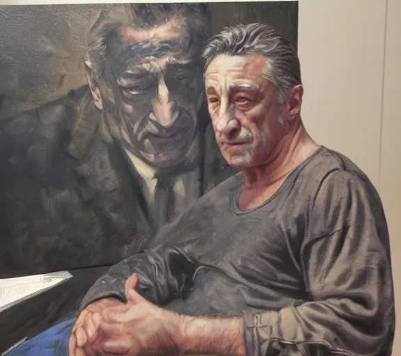 Image similar to a hyper-detailed oil painting of Robert DeNiro by Craig Mullins; anatomically correct