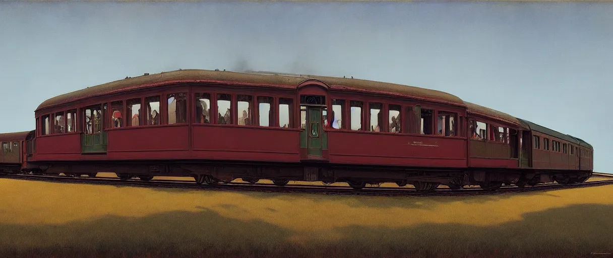 Image similar to A victorian train going nowhere, Edward Hopper and James Gilleard, Zdzislaw Beksinski, Mark Ryden, Wolfgang Lettl highly detailed