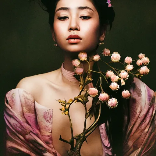 Prompt: photography of the asian queen sitting in the flower thorn, beautiful face, masterpiece costume, jewellery, high quality, elegant, emotionally touching, cool, deep gaze, mystery, tenderness, annie leibowitz style