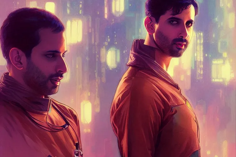 Image similar to Sensual good looking pale young Indian doctors wearing Blade Runner 2049 clothing in a space station above Earth, portrait, elegant, intricate, digital painting, artstation, concept art, smooth, sharp focus, illustration, art by artgerm and greg rutkowski and alphonse mucha