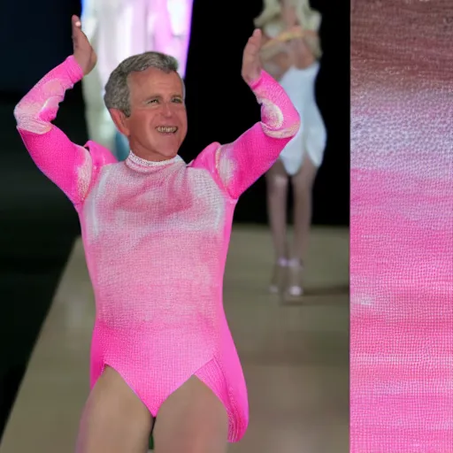 Image similar to cinematic shot of george bush wearing a pink unitard walking down a runway at a fashion show, 8 k, very detailed, very intricate,