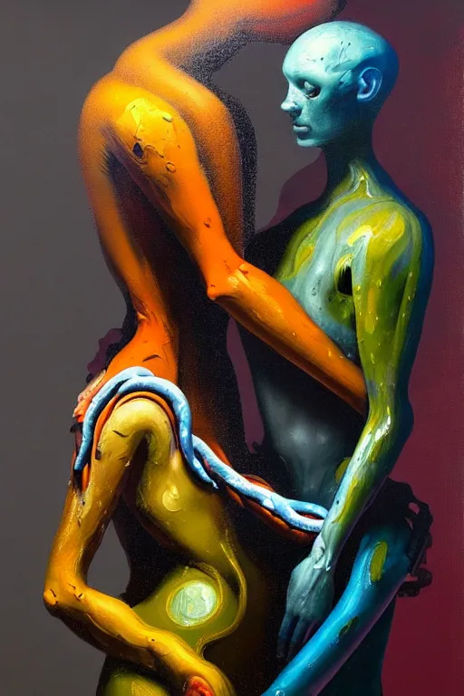 Prompt: a strange biomorphic painting of two humanoid figures entwined as one being, in the style of adrian ghenie in the style of charlie immer, part by gerhard richter, highly detailed, dramatic, emotionally evoking, head in focus, volumetric lighting, oil painting, masterpiece, octane render