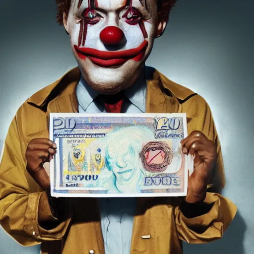 Prompt: A poor clown holding a giant dollar banknote, background is a slum, artstation, cgsociety, masterpiece