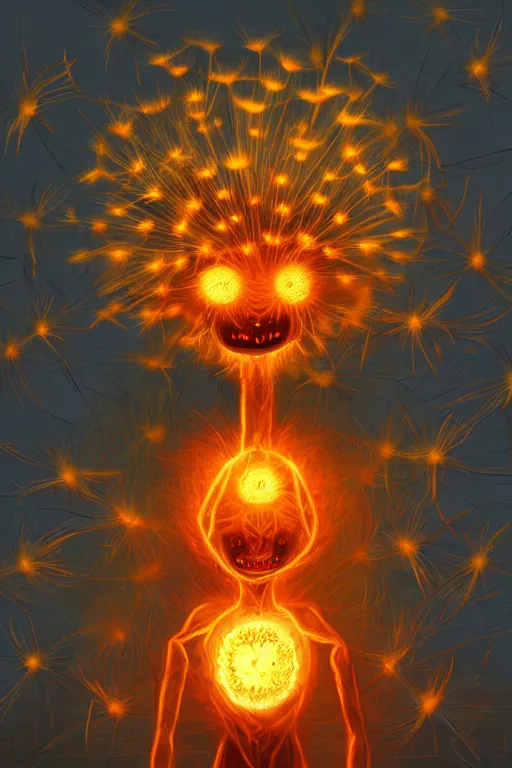 Image similar to a glowing humanoid figure dandelion monster with large glowing eyes, surrounded by blazing orange, highly detailed, digital art, sharp focus, trending on art station, artichoke, anime art style