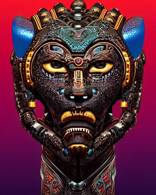 Image similar to portrait of a mayan masculine male cyberpunk jaguar warrior, machine face, upper half portrait, decorated with italian opera motifs, muscular, latin, geek mythology, wuxia, traditional mayan art, intricate intense elegant, highly detailed symmetry headpiece digital painting artstation concept art smooth sharp focus illustration, art by moebius and frank miller diego rivera 8 k