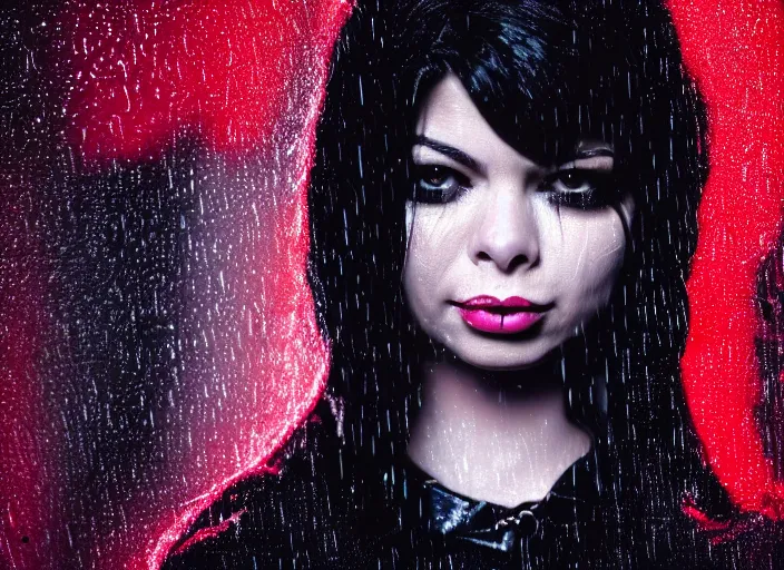 Image similar to closeup portrait of emo vampire goth miranda cosgrove standing in the rain in a dark cyberpunk city, heavy make - up running down face, neon reflections in the puddles, portra 4 0 0 candid photograph portrait by annie leibovitz, 3 5 mm macro shot, f / 3 2, hyperrealistic, cinematic lighting, hd wallpaper, 8 k, 4 k