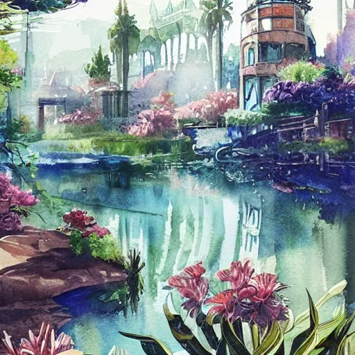 Image similar to Beautiful happy picturesque charming sci-fi town in harmony with nature. Beautiful light. Water and plants. Nice colour scheme, soft warm colour. Beautiful detailed watercolor by Lurid. (2022)