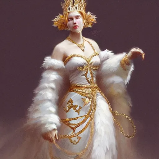 Image similar to a queen with a decorated dress made of white and cream plumes of swan, highly detailed, digital painting, Trending on artstation , HD quality, by artgerm and greg rutkowski and alphonse mucha, dramatic light, octane