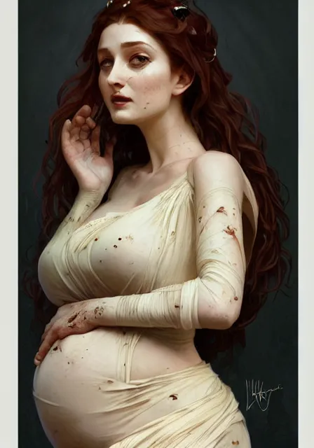 Image similar to sansa pregnant mummy zombie, intricate, elegant, highly detailed, digital painting, artstation, concept art, smooth, sharp focus, illustration, art by artgerm and greg rutkowski and alphonse mucha and william - adolphe bouguereau