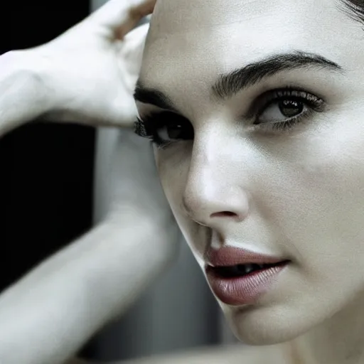 Image similar to a beautiful close - up shot of gal gadot, beautiful soft light failling on her face, studio photography by annie leibovitz