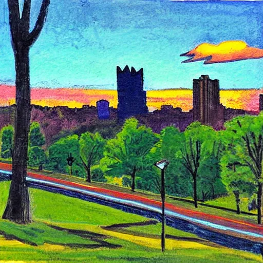 Image similar to pittsburgh, distant, sunset, trees, looking down, art by tom hammick