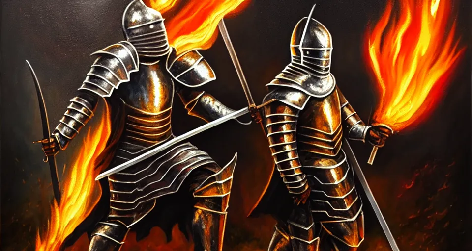 Image similar to An oil painting of a knight in dark metal armor wielding a flaming sword