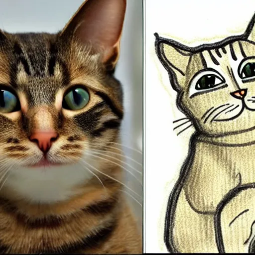 Prompt: the exact same cat on the top as a sketch on the bottom