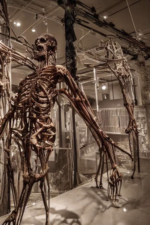 Prompt: inside a museum, a room where anatomical torso body parts are piece of arts by Rob Bottin at night biomechanical, filth and grim, wires and strings, very detailed, ultra realistic photography, grainy image