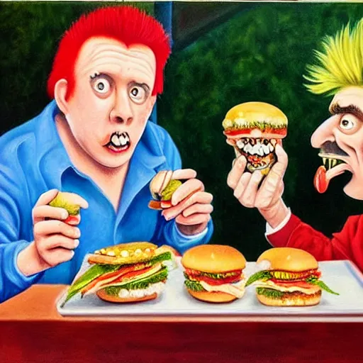 Prompt: beautiful lifelike painting of grave jones and johnny rotten eating burgers in france, hyperreal detailed facial features and uv lighting, art by ed roth and basil wolverton