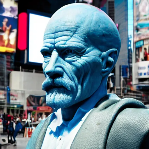 Image similar to a photograph of a very detailed renaissance sculpture of walter white wearing a smurf hat standing in times square, made by michelangelo, from the distance, hyper detailed, sharp focus, 8 k resolution, ray tracing