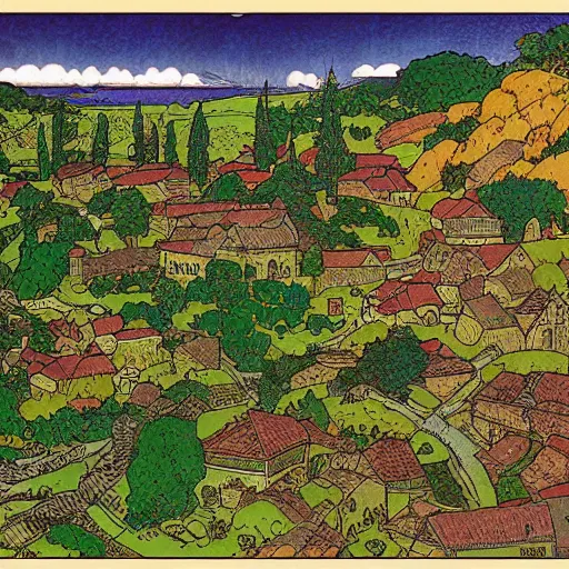 Image similar to detailed print of a landscape of a medieval village and crops by ivan bilibin and edmund dulac and ilya kuvshinov and katsuhiro otomo. full color scheme