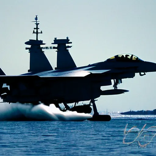 Image similar to f 1 4 tomcat launching off of an aircraft carrier at high speeds, realistic, battleship, ocean, fighter jet.