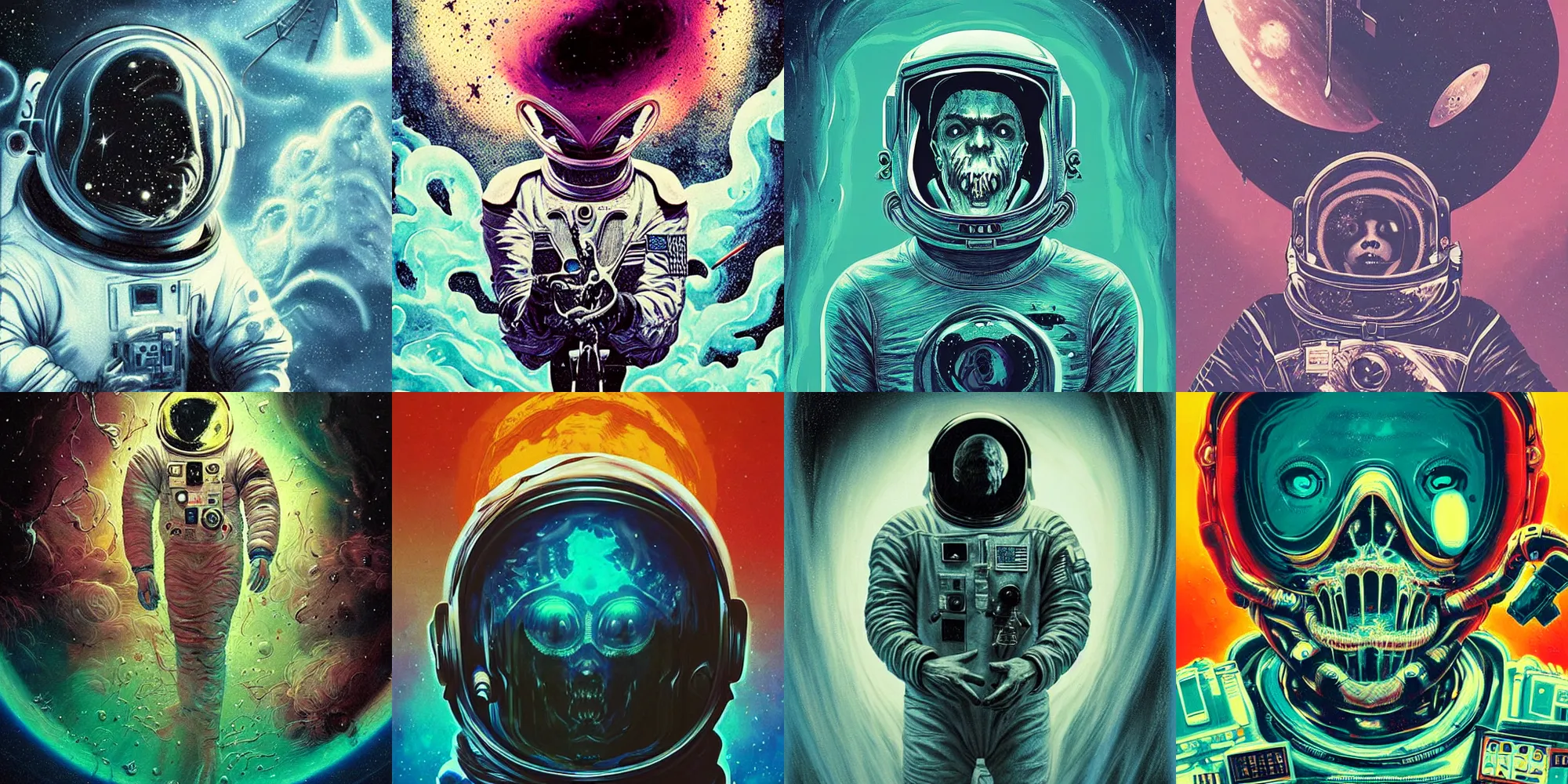 Prompt: astronaut, horror poster 9 0 s, cosmic horror, abstract, ghostly, arcade, duotone, poltergeist, lets get weird, intricate, elegant, highly detailed, digital painting, artstation, smooth, sharp focus, art by mondo, julian del rey and greg rutkowski, david la chapelle,