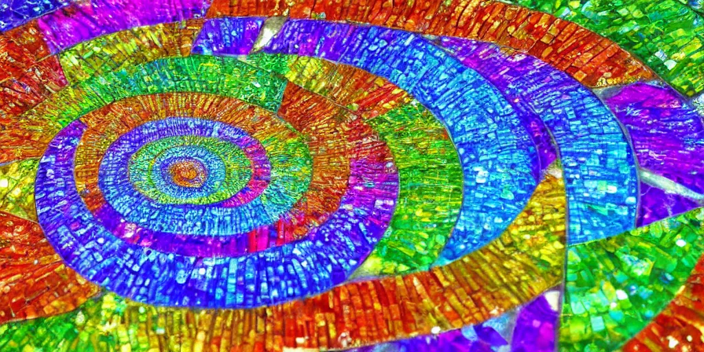 Image similar to beautiful colorful spiral-formed mosaic made out of diamonds, illuminated transparency, very detailed, beautiful colors, symmetrical arrangement, various surfaces, natural flow, complex patterns, ultrarealistic, unreal engine