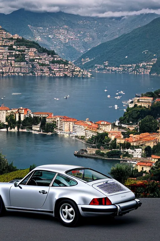 Prompt: Photo of a silver Porsche 911 Carrera 3.2, Lake Como in the background, daylight, dramatic lighting, award winning, highly detailed, 1980s Versace ad, fine art print, best selling.