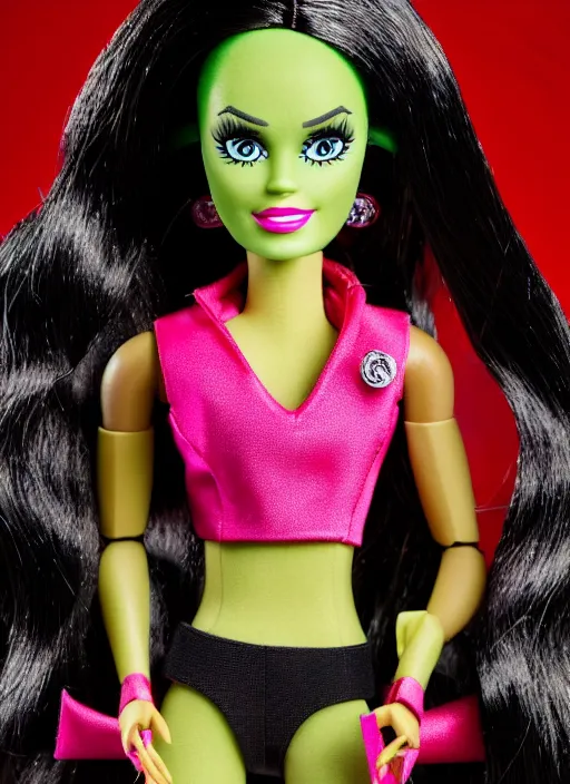 Image similar to Shego as a Barbie doll, symmetrical details, by Mattel (2015), product photography, official media