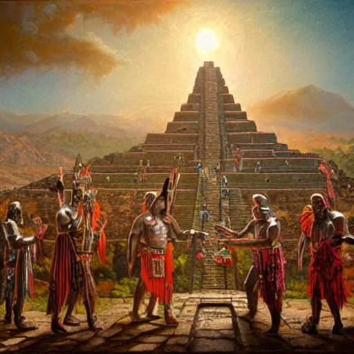 Prompt: pacal Votan and Aztec priests greeting aliens in an ancient Aztec temple. 8K Highly detailed oil painting by Tom rutkowski