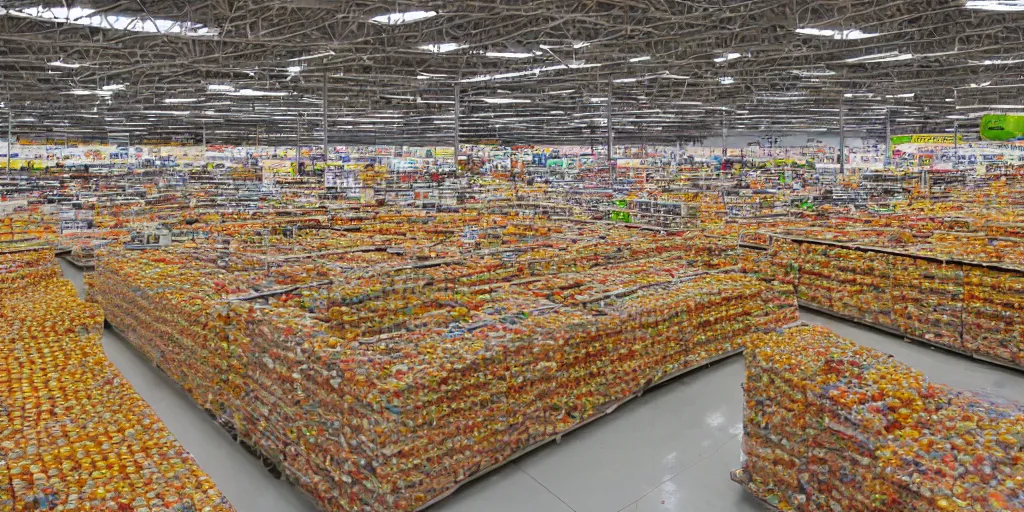 Image similar to the inside of a walmart submerged in baked beans