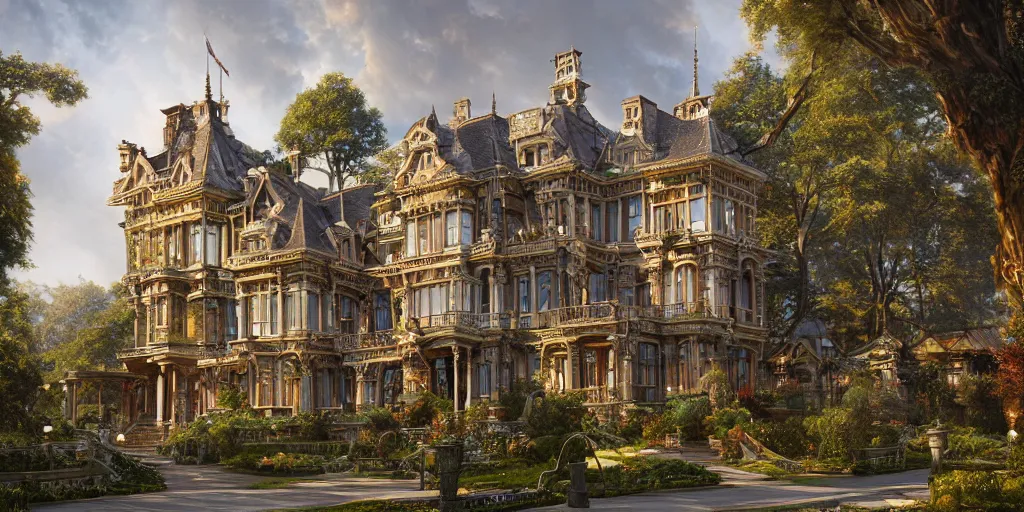 Image similar to a late Victorian mansion surrounded by beautiful gardens, view from ground level, intricate, elegant, highly detailed, ornate, beautifully lit, ray traced, octane render by Peter Mohrbacher and Peter Gric