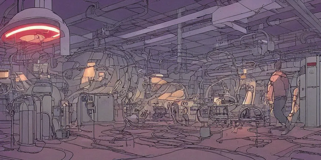 Image similar to underground scifi huge experimental tanks and bizarre creatures in it , mysterious laboratory, low ceiling, cables hanging from ceiling, thick cables on ground, ground perspective, huge computer screens, neons, top light , epic scene, illustration, art by ghibli moebius, comics art