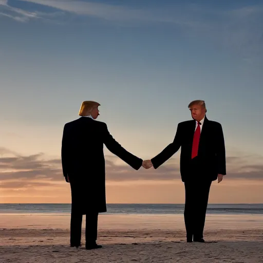 Image similar to photograph of donald trump and vladimir putin holding hands on the beach, dusk, romantic