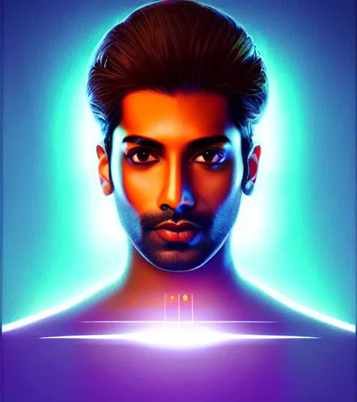 Image similar to symmetry!! indian prince of technology, solid cube of light, hard edges, product render retro - futuristic poster scifi, lasers and neon circuits, brown skin handsome indian prince, intricate, elegant, highly detailed, digital painting, artstation, concept art, smooth, sharp focus, illustration, dreamlike, art by artgerm