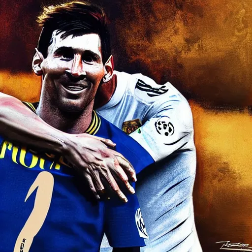 Prompt: lionel messi crying on cristiano ronaldo's shoulder, cristiano is very proud of himself, digital art, art station, high quality, very detailed, golden hour, 8k