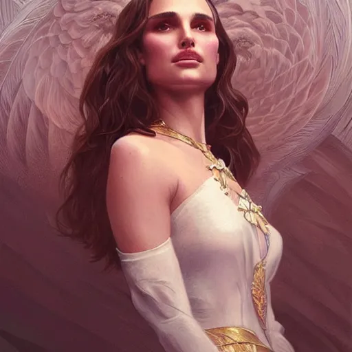 Image similar to Portrait of Natalie Portman, intricate, elegant, highly detailed, digital painting, artstation, concept art, smooth, sharp focus, illustration, art by artgerm and greg rutkowski and alphonse mucha