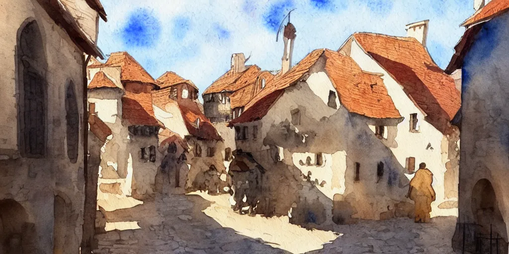 Prompt: medieval town, summer morning light, high quality watercolor painting, trending on artstation