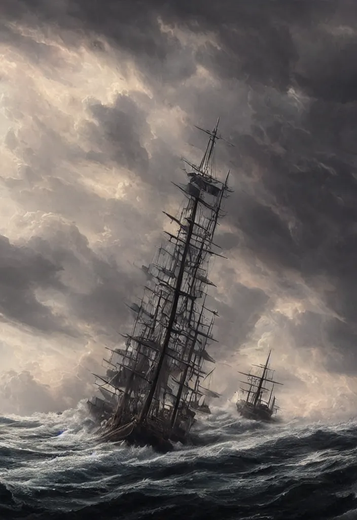 Prompt: ship being persecuted by a police ship over raging turbulent waters, hyper realistic, highly detailed, digital art, apocalyptic, intimidating lighting, raytracing, sharp focus, smooth, romanticism