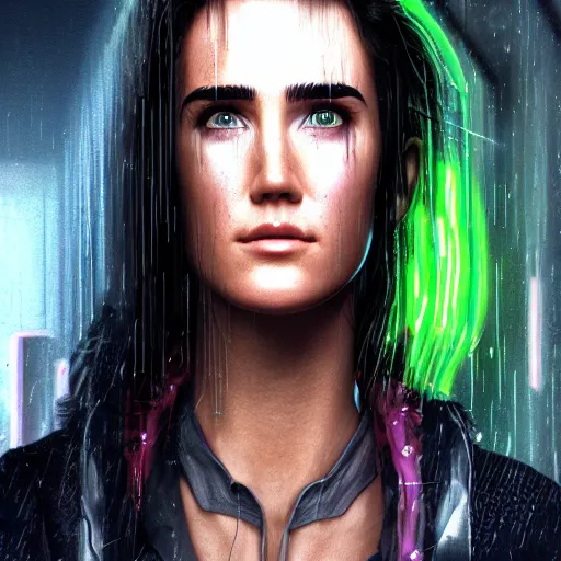 Image similar to young cyberpunk jennifer connelly, cartoon portrait made out of rain, realistic, highly detailed, neon, rendered in octane, unreal engine, rain, beautiful, trending on artstation, emotional