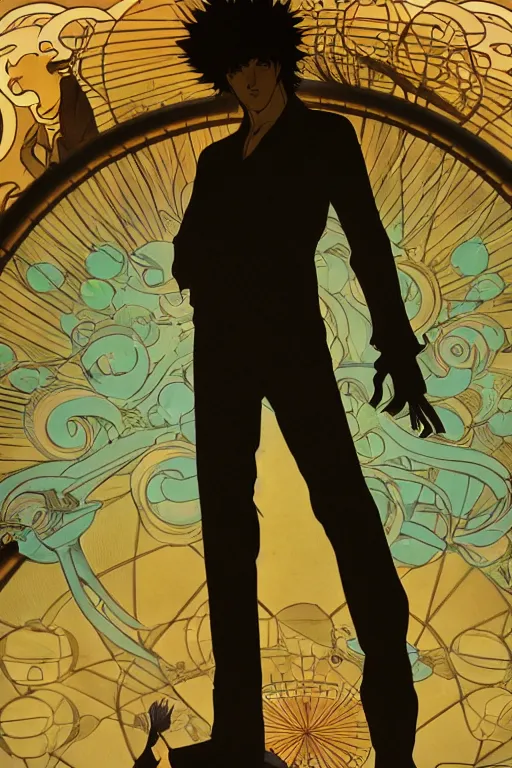 Image similar to concept art, silhouette of Spike Spiegel from Cowboy Bebop in front of the moon Ganymede in the style of Alphonse Mucha and Hiroya Oku, 8k, very high detail, octane render