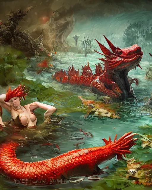 Prompt: game character beautiful giant kaiju sized pond dragon half fish half salamander, wet amphibious skin, red salamander, axolotl creature, koi pond, korean village by Ruan Jia and Gil Elvgren, fullbody