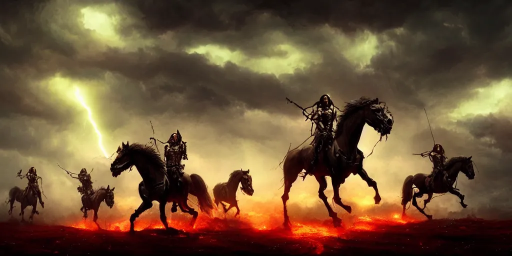 Prompt: ”four horsemen of the apocalypse riding skeleton horses towards the camera [epic, cinematic, scary, intimidating, horror, war, battle, hell, storm clouds, lightning, octane render, 8k, mattepainting, art by wlop and paul lehr and greg rutkowski]”