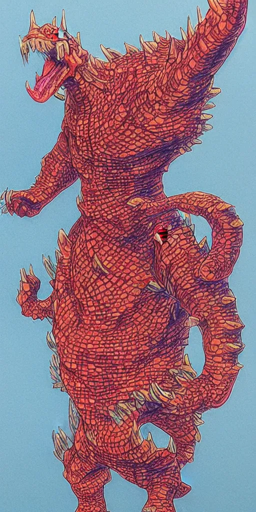 Image similar to a kaiju figurine super detailed colored pencil drawing with fluo colors