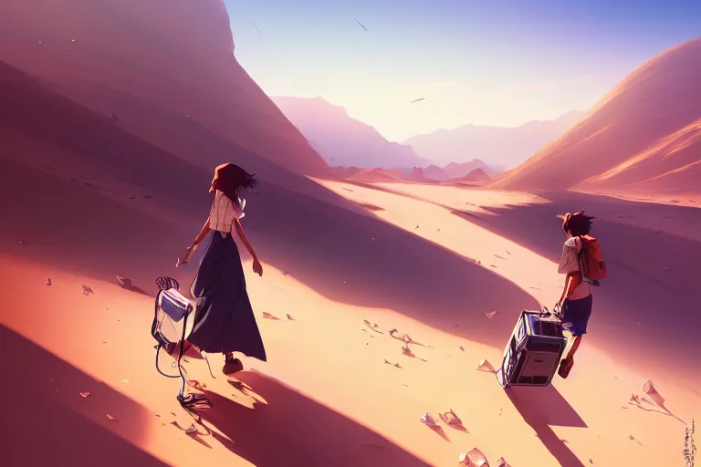 Prompt: computer programmer lost in the desert, dragging a broken computer, single subject, mountaineous background, scenic full shot, ambient lighting, detailed face, by makoto shinkai, stanley artgerm lau, wlop, rossdraws